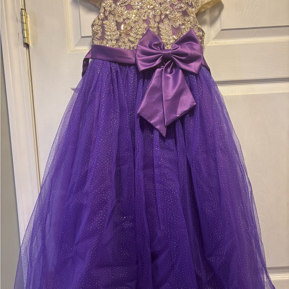 Girls Purple Tulle Party Dress with Gold Lace Bodice and Bow